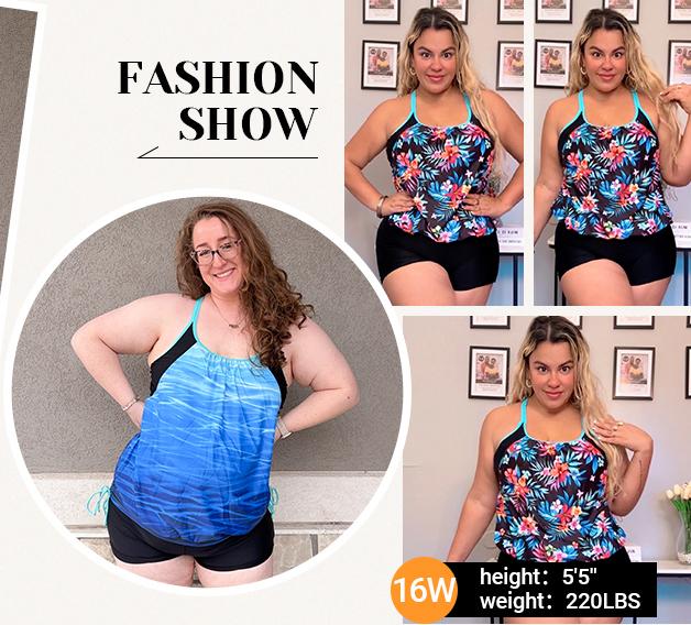 Holipick Flamingo Two Piece Plus Size Tankini Swimsuits for Women Tummy Control Bathing Suit Blouson Tankini Top with Boy Shorts