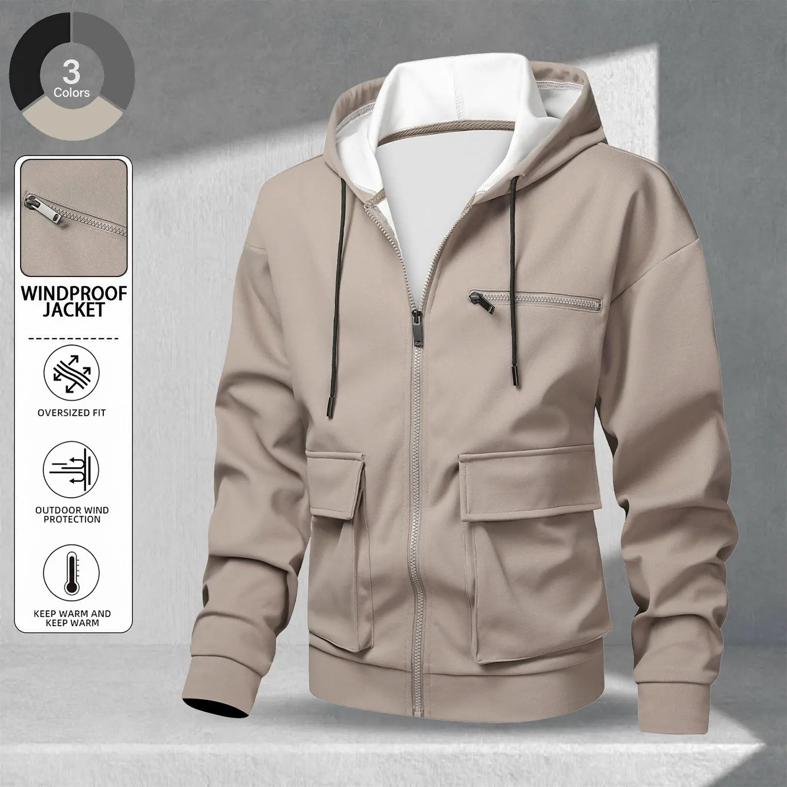 Men's Windbreaker Hoodie Jacket Full Zip Up Hooded Coat Oversized Fit Streetwear Graphic Print Jacket Casual Lightweight Outdoor Workwear Sweatshirt Long Sleeve Y2K Fashion Outerwear for Fall Winter