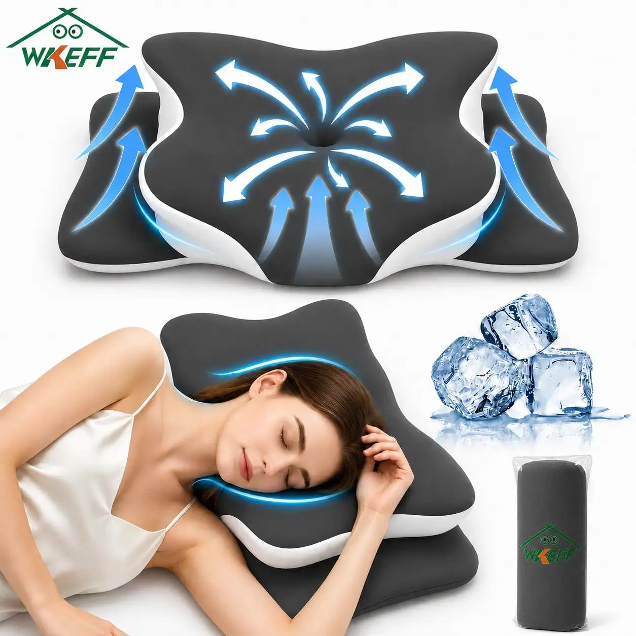 WKEFF Contoured PU Foam Cervical Neck Pillow - Ergonomic Pillows for Sleeping, Flat Weave Machine-Washable Pillowcase, Supine & Side Sleep Neck Pain Relief Home Bedding Support