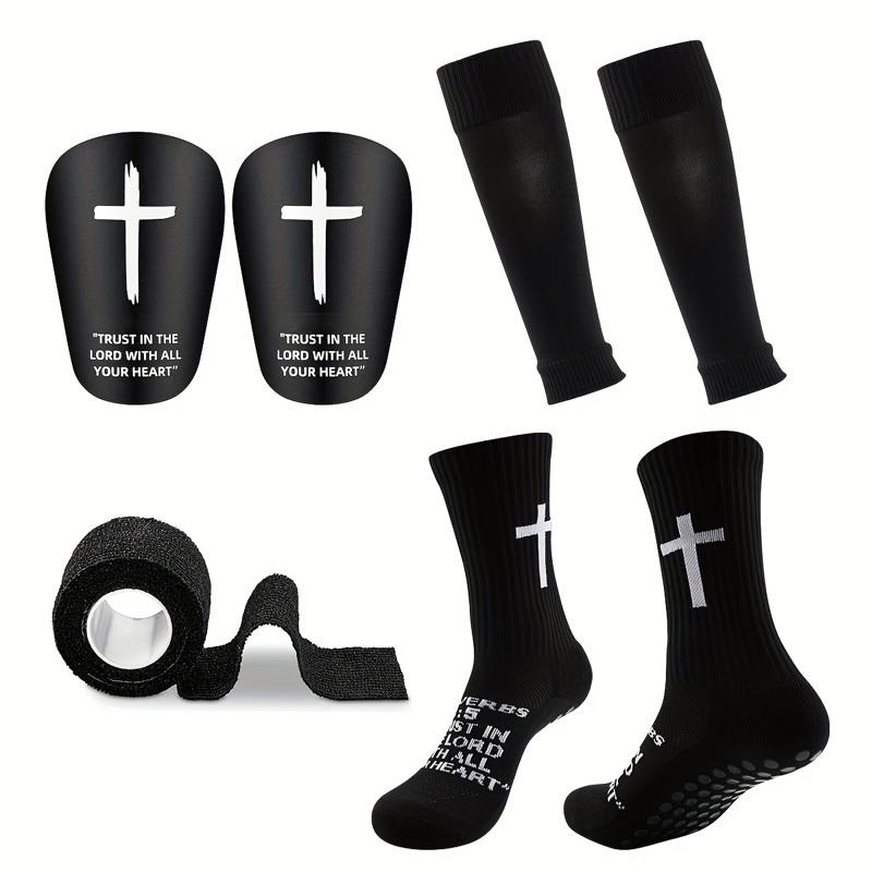 Soccer Protection Set, Football Socks Shin Guards Tape Kit Non Slip Grip Socks + Cross Print Shin Guards for Football Shock Absorbing Shin Guards, Sports Tape, Full Protection Kit for Football Training