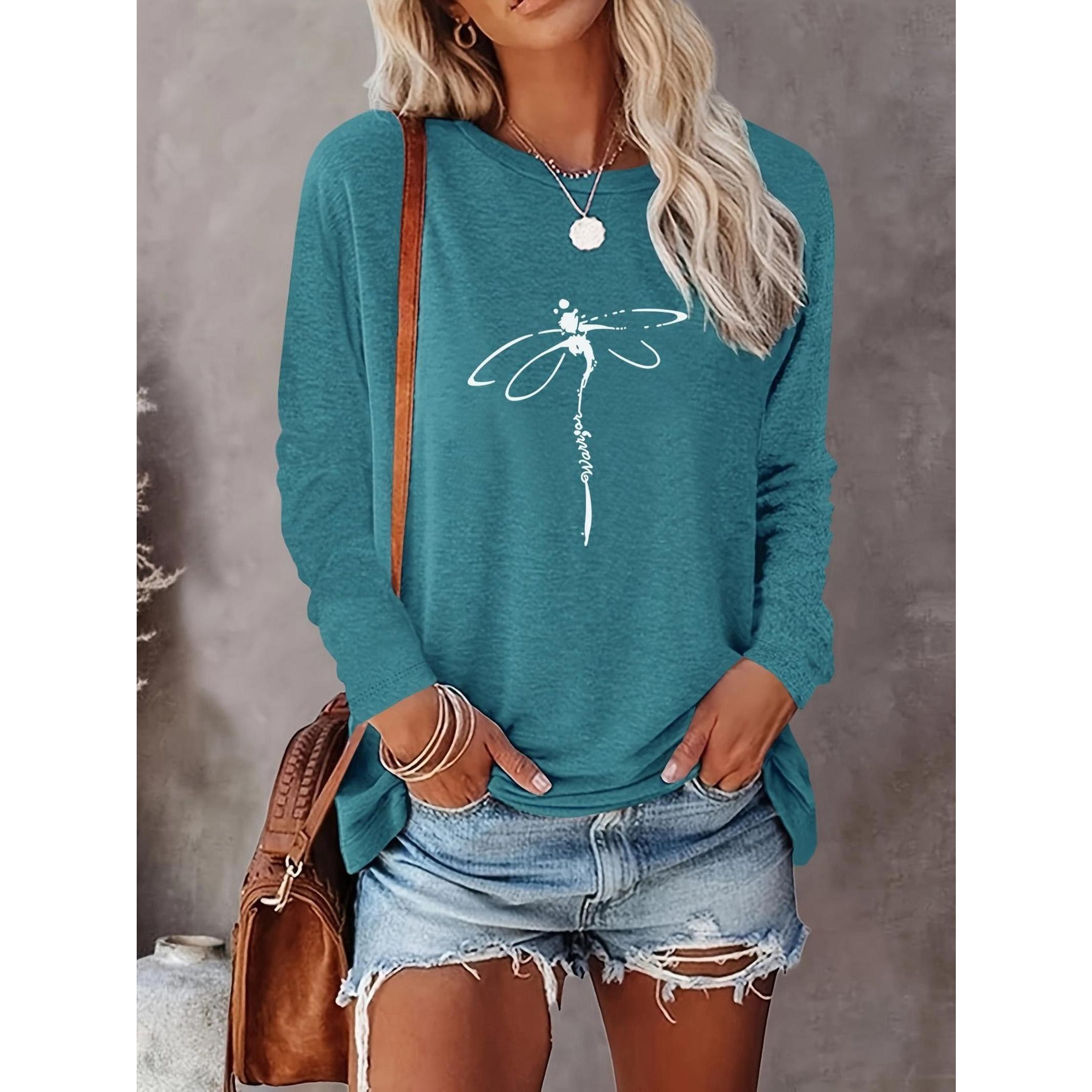 Women's Dragonfly Print Round Neck Tee, Casual Long Sleeve Crew Neck T-Shirt for Summer, Fashion Women's Top for Daily Wear, Everyday