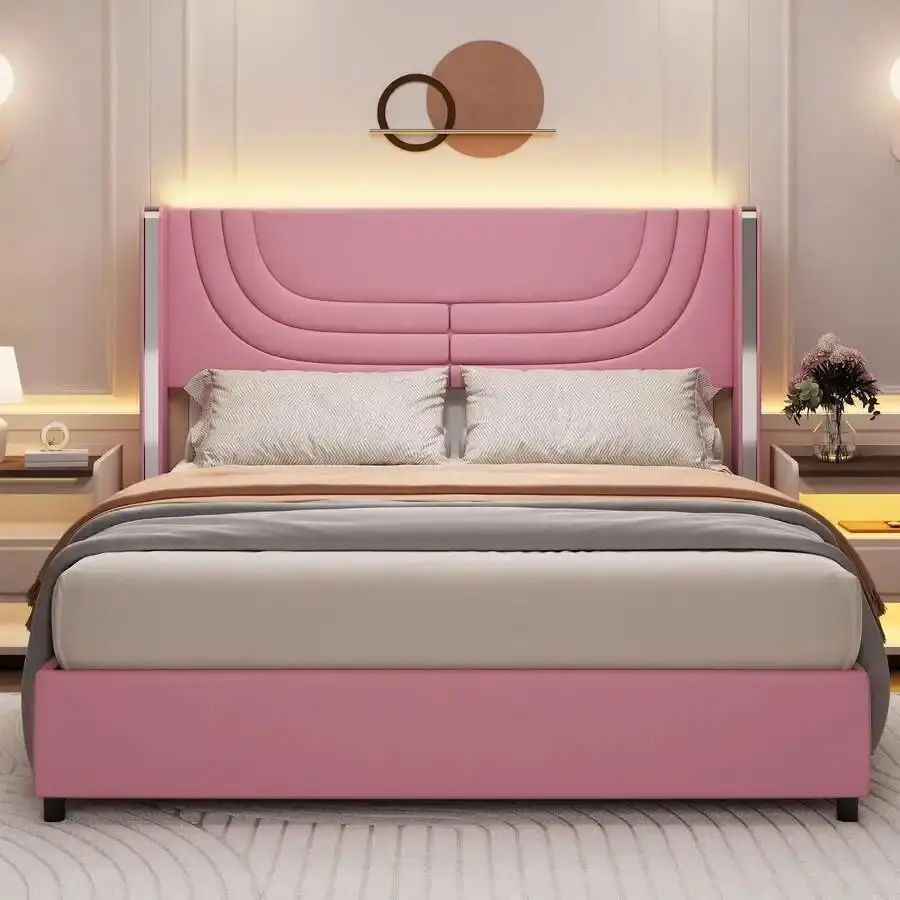 Twin/ Full/ Queen  Frame  Patterned Wingback Headboard, Upholstered  Frame  LED Lights, Modern Platform  Frame  Metal Accents Wingback, No Box Spring Needed, Easy Assembly, Pink/ Beige/ Black, Twin  Frame Full  Frame  Frame bed mirror Arched Armoire with,