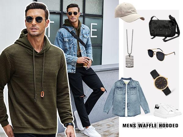 COOFANDY Mens Hooded Sweatshirt Casual Long Sleeve Drawstring Waffle Knit Pullover Hoodies LIVE  Clothes