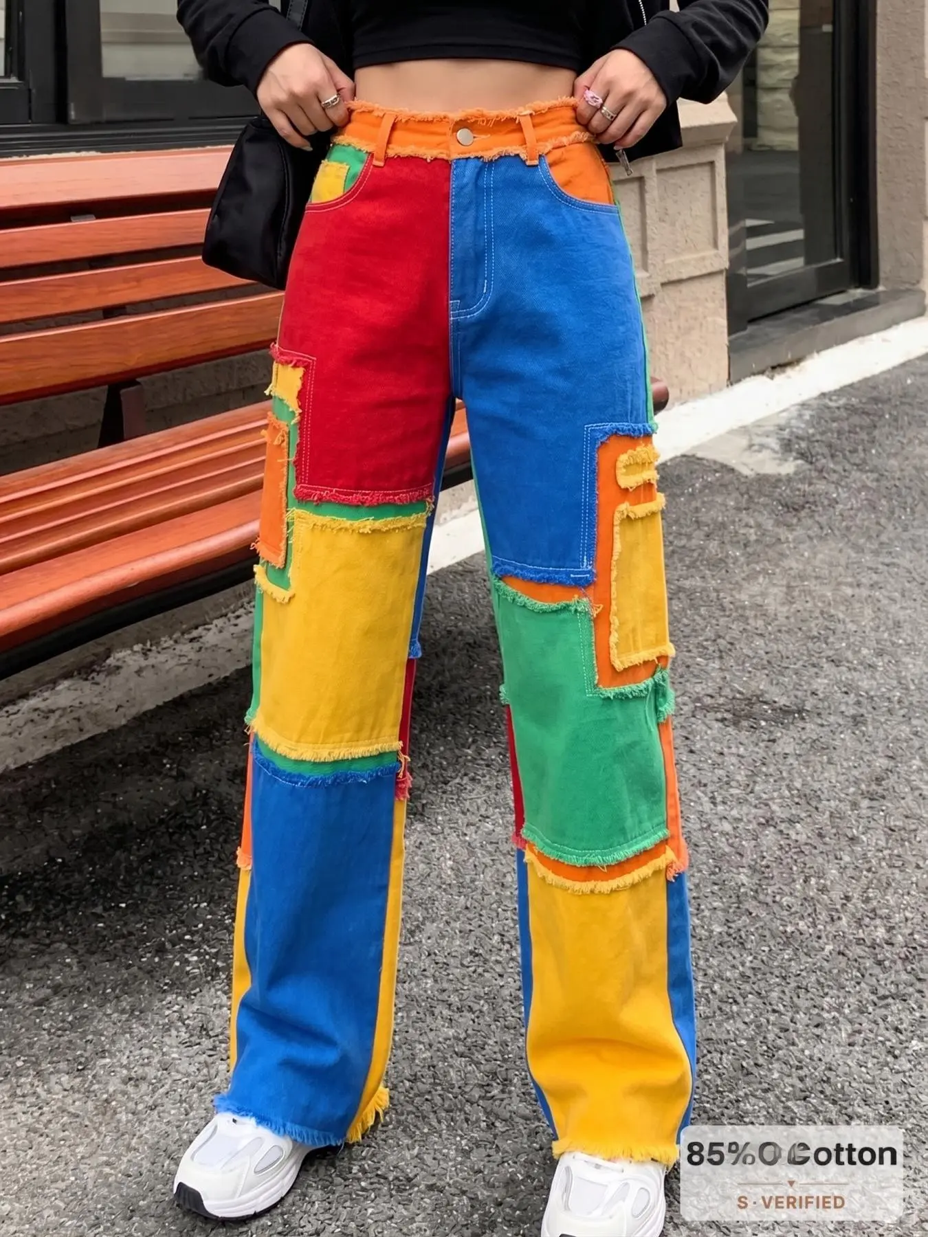 Y2K Colorblock Patchwork Wide Leg Jeans, Asymmetric Frayed Edge Denim Jeans, Casual Slim-Fit Long Trousers for All Seasons, Quality Jeans, Streetwear, Denim Pants