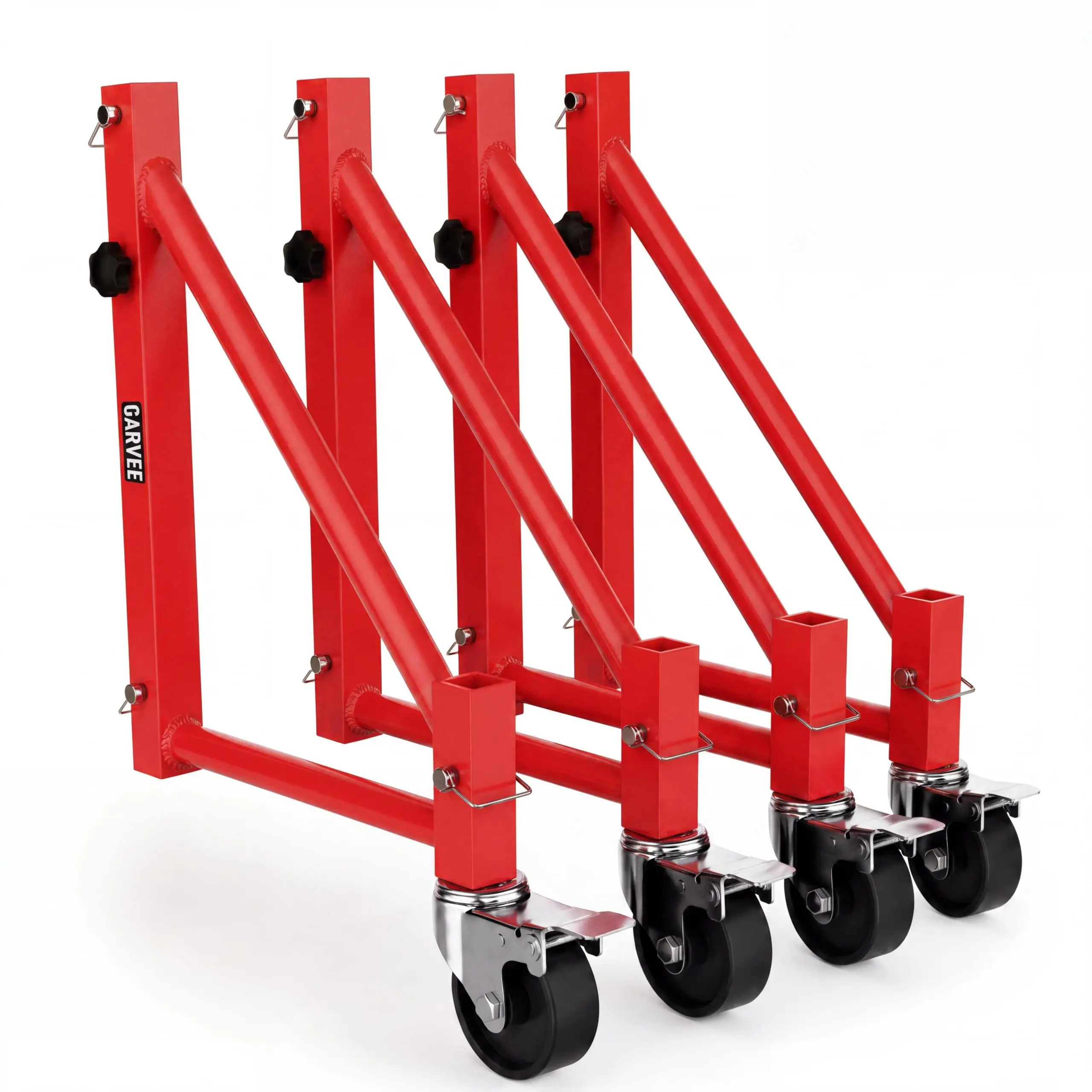 Garvee Upgraded Scaffold Outriggers 4-Pack, 5" Casters, 1000 Lbs Capacity, Solid Q235 Carbon Steel Universal 1.57" Tube Fit Three-Step Quick Setup All-Terrain PP Casters Zero-Wobble Pin Lock,Red
