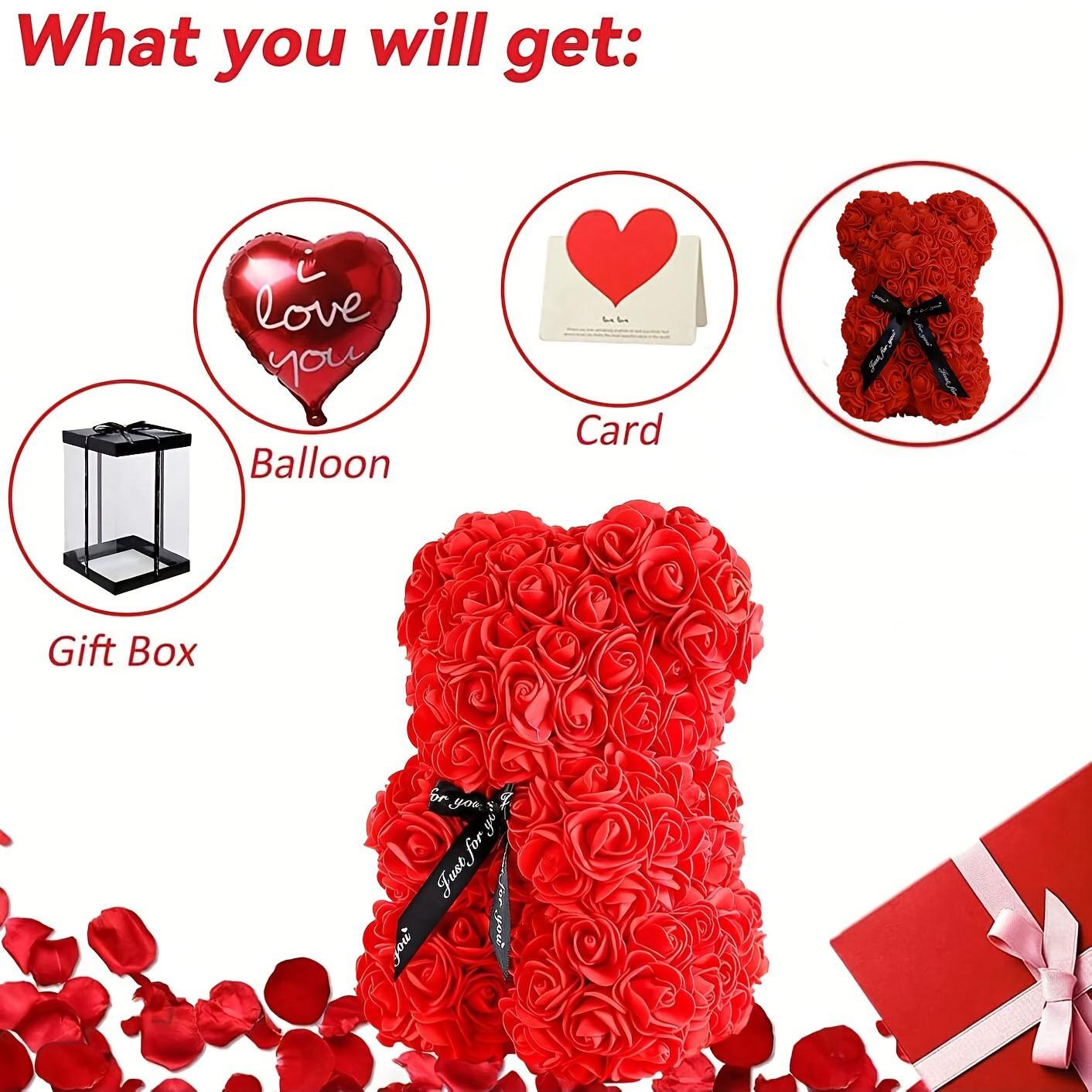 Rose Bear Valentine's Day Gift Set, Floral Teddy Bear with Box Balloon Card, Cute Romantic Love Christmas Wedding Birthday Decorations