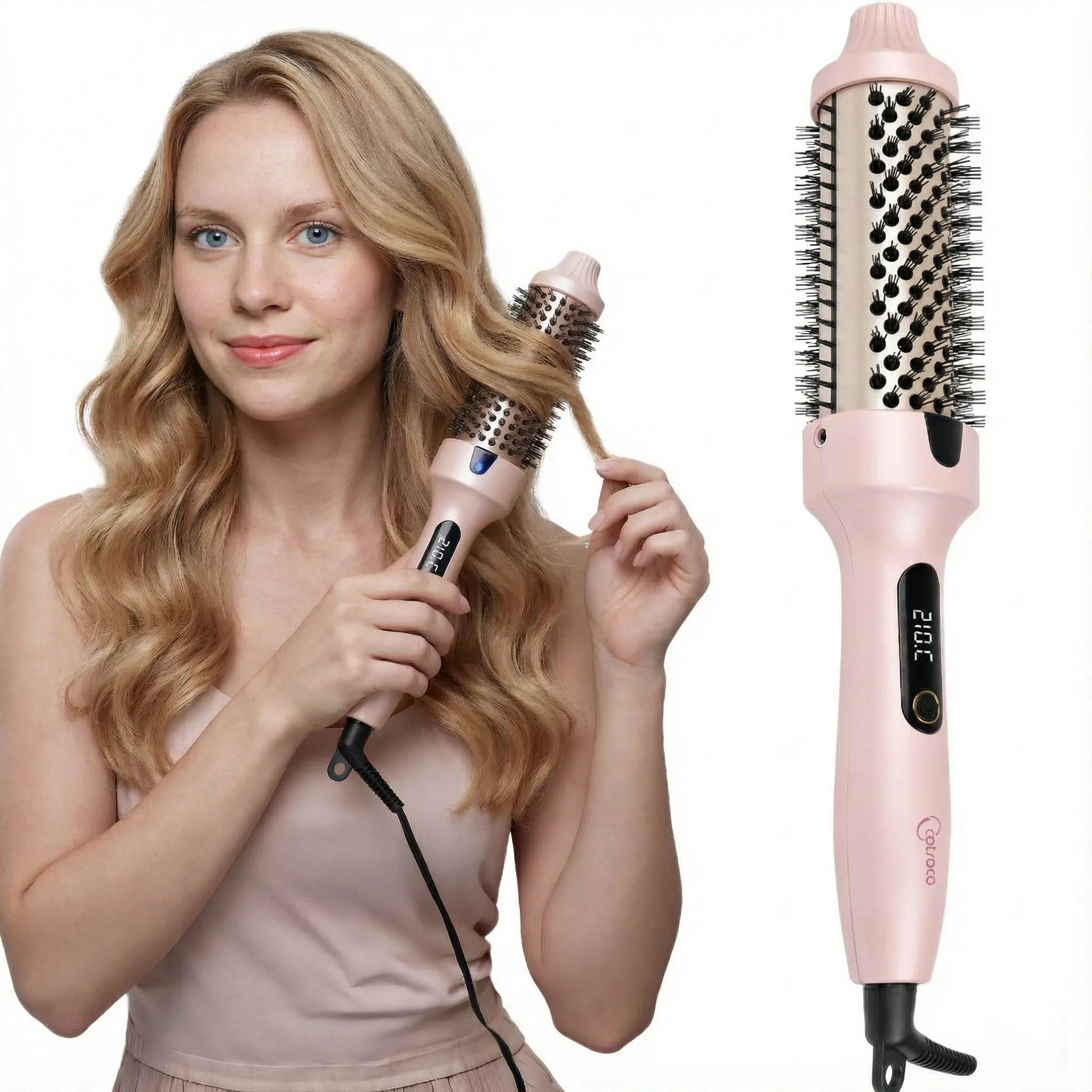 Cotsoco Ionic Thermal Brush, 1.5inch Negative Ion Heated Styling Brush Universal Voltage, Curling Iron Hair Styling Comb with 6 Temperature Settings, Auto Power Off, Gift for Women