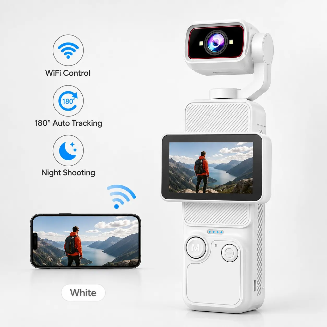 Portable HD Gimbal Camera, Rechargeable Handheld Recorder with Automatic Rotating Lens, Smooth Stabilized Video, WiFi Connectivity and 6X Zoom for Travel, Camping and Creative Content, Vlog Camera