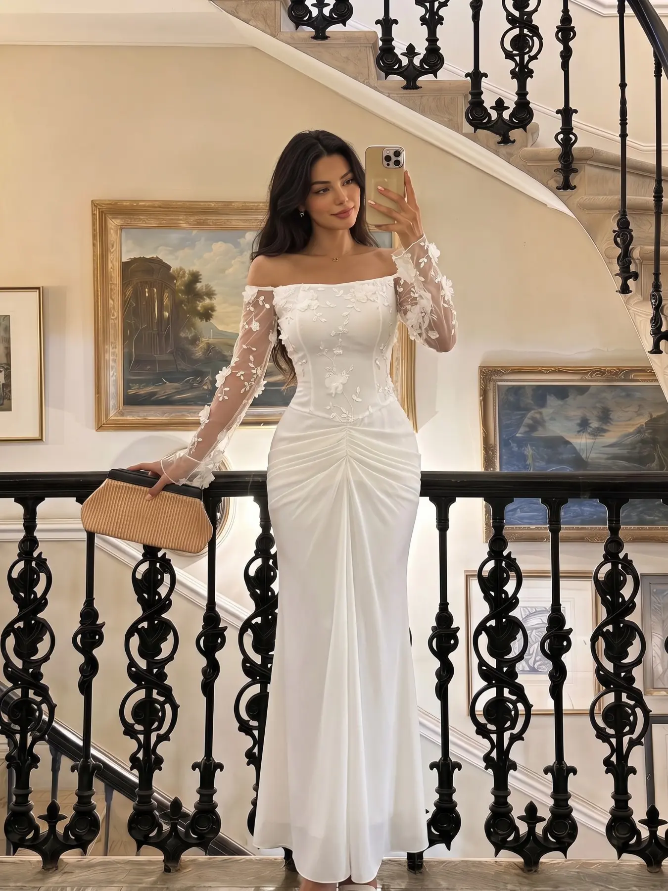 Dresses For Women, White Off Shoulder Mermaid Maxi Gown, Sheer Mesh Long Sleeve With 3D Floral Applique, Corset Bodice Front Ruched Skirt Elegant Wedding Guest Evening Party Dress Fit