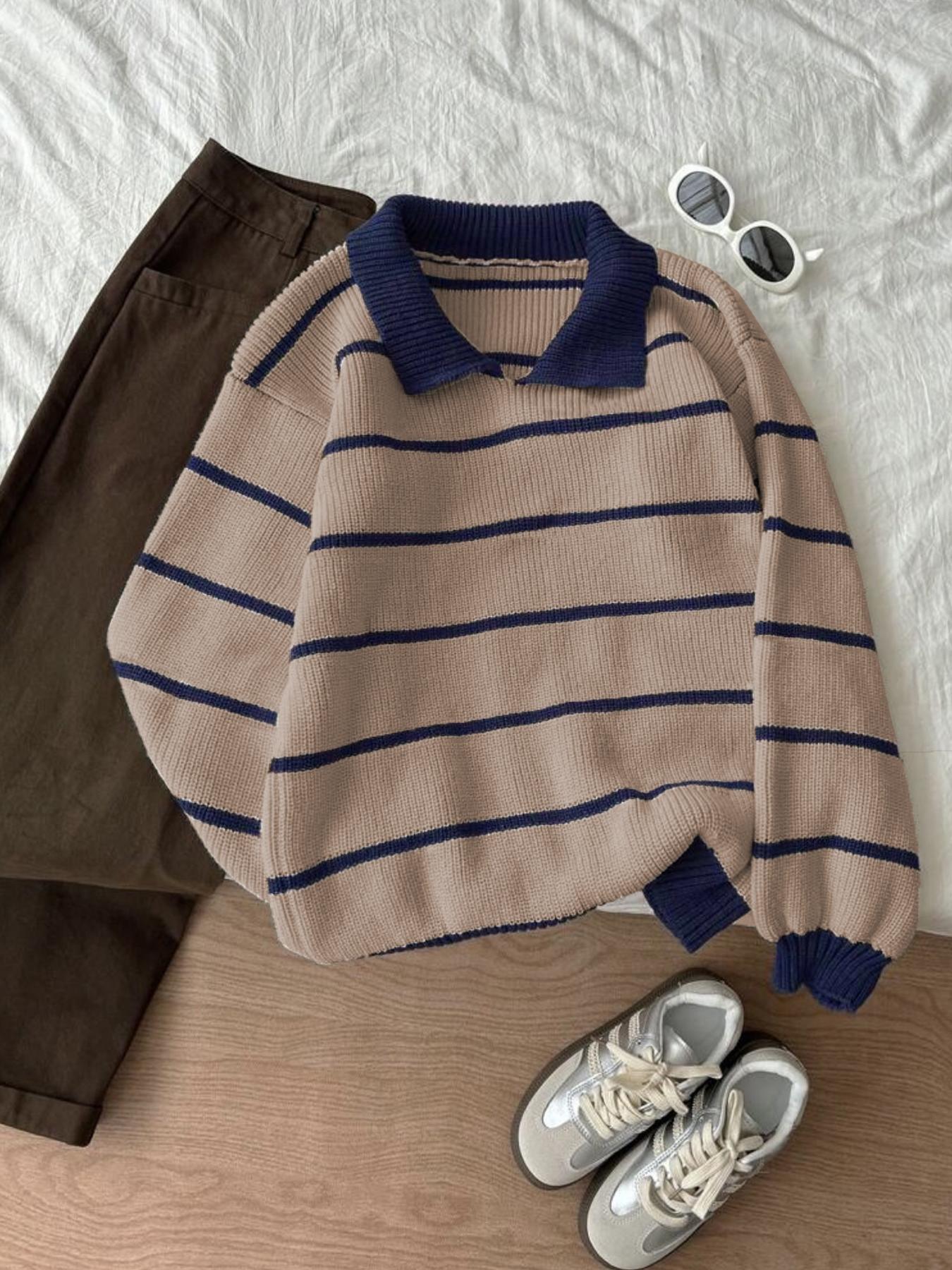 Autumn Winter Striped Polo Neck Long Sleeve Pullover Sweater, Fashionable Lazy Casual Loose Fit Knitwear, Versatile Style, Womenswear