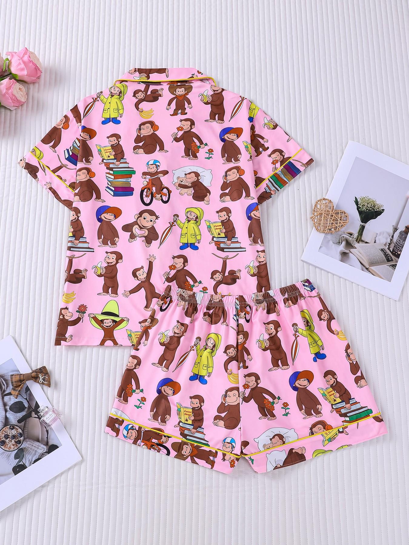 Women's 2 Piece Curious George Cartoon Print Pajamas Set, Cute Monkey Pattern Short Sleeve Button Down Shirt & Shorts Loungewear, Soft Comfy Sleepwear with Chest Pocket & Elastic Waist, Casual All-Season Homewear for Daily Relaxation