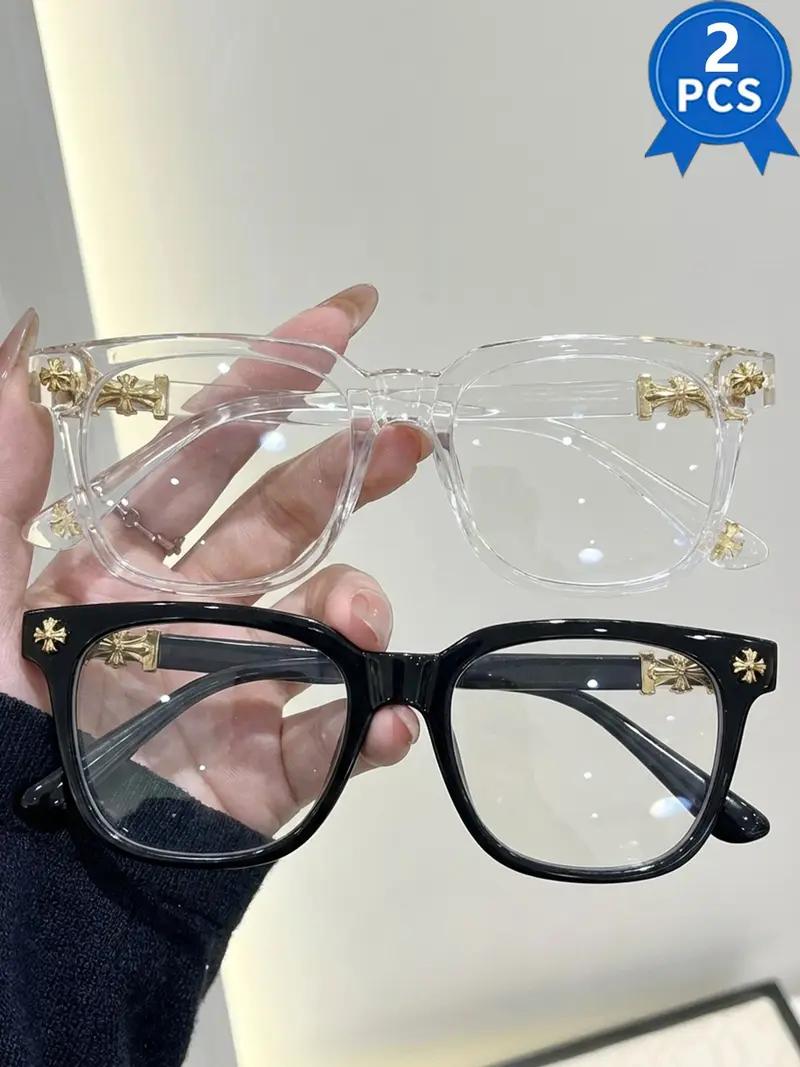 2 PCS Fashion Square Frame Blue Light Glasses, Cross Flower Rivet Design, Ultra-Light Frame, Retro Street Style, Unisex Computer Phone Eyeglasses, Fashionable Frames Glasses