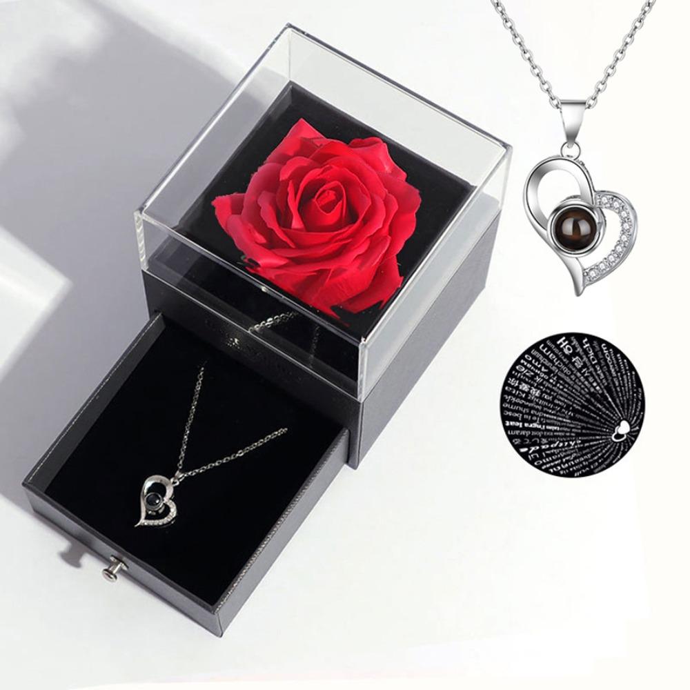 Valentine's Day Rose Box I Love You Necklace Pendant Soap Flower Gift Set, Mother's Day Jewelry, Birthday Present, Anniversary Gift, Themed Gift Box