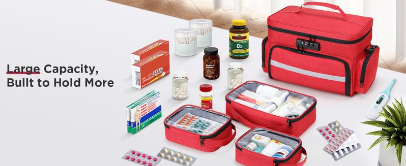 Zannaki Medicine Bag with 3 Removable Pouches, First Aid Bags Empty with Combination Lock, Double Layers Pill Bottle Organizer with Shoulder Strap, Large Medication Travel Storage for Medical Supplies