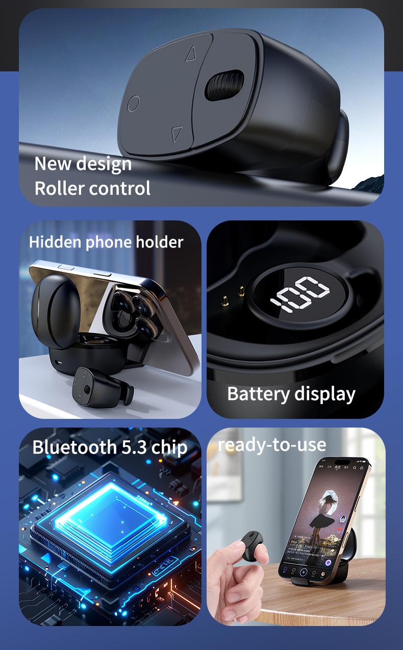 Mouse Ring Bluetooth Remote Control with Phone Stand, E-book Page Turner, Bluetooth Selfie & Video Recording Remote, Music Control, Compatible with iPhone, iPad, Android, Smartphones.