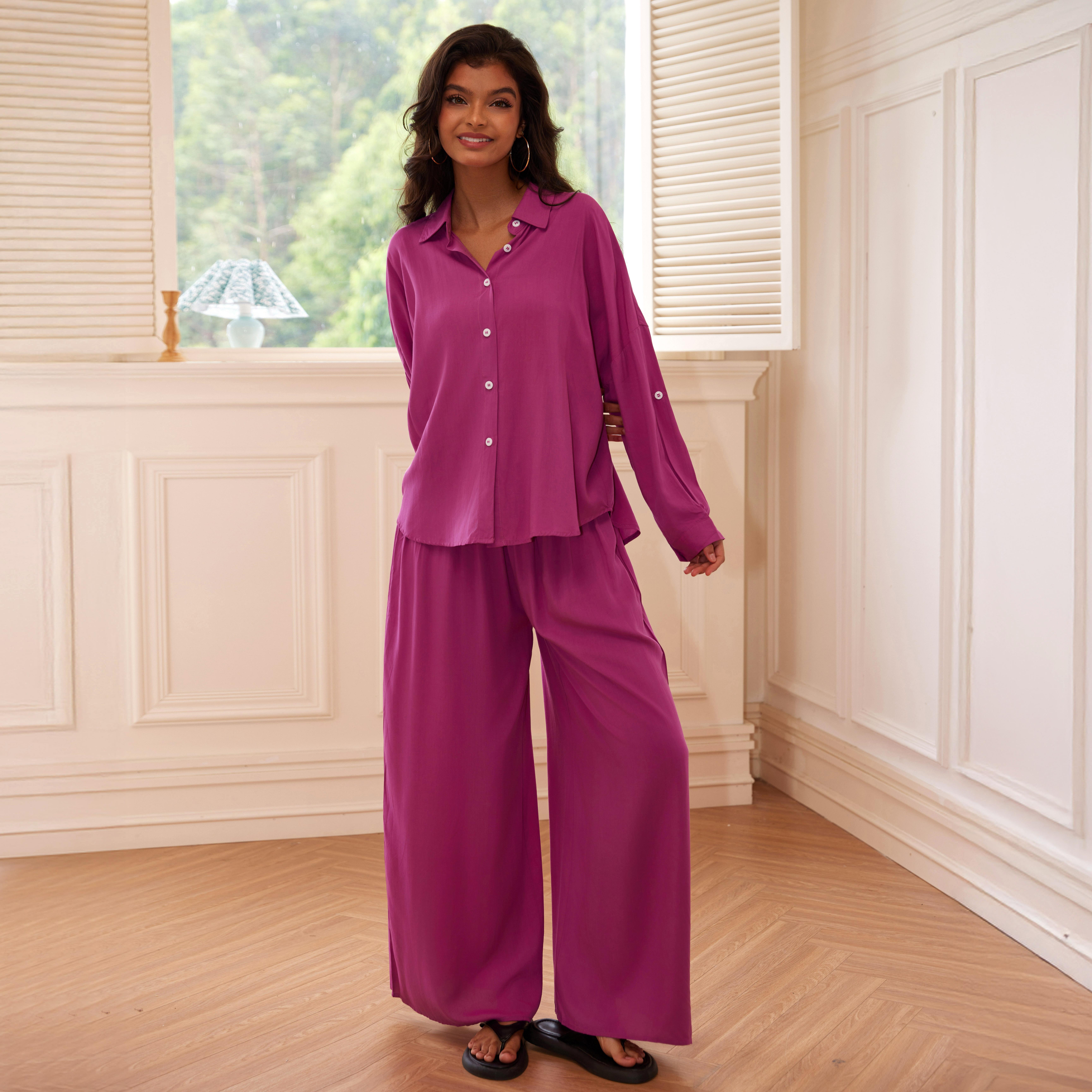 Joyfunear Women's Button Down Shirt & Wide Leg Pants Loungewear Set 2pcs Drop Shoulder summer women set long Pants