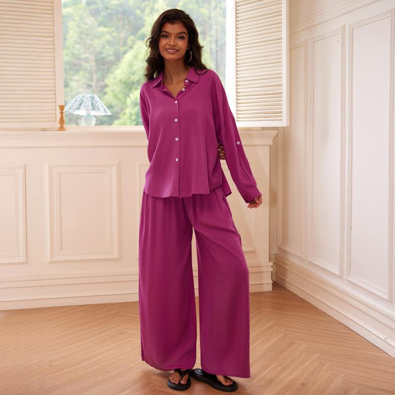 Joyfunear Women's Button Down Shirt & Wide Leg Pants Loungewear Set 2pcs Drop Shoulder summer women set long Pants