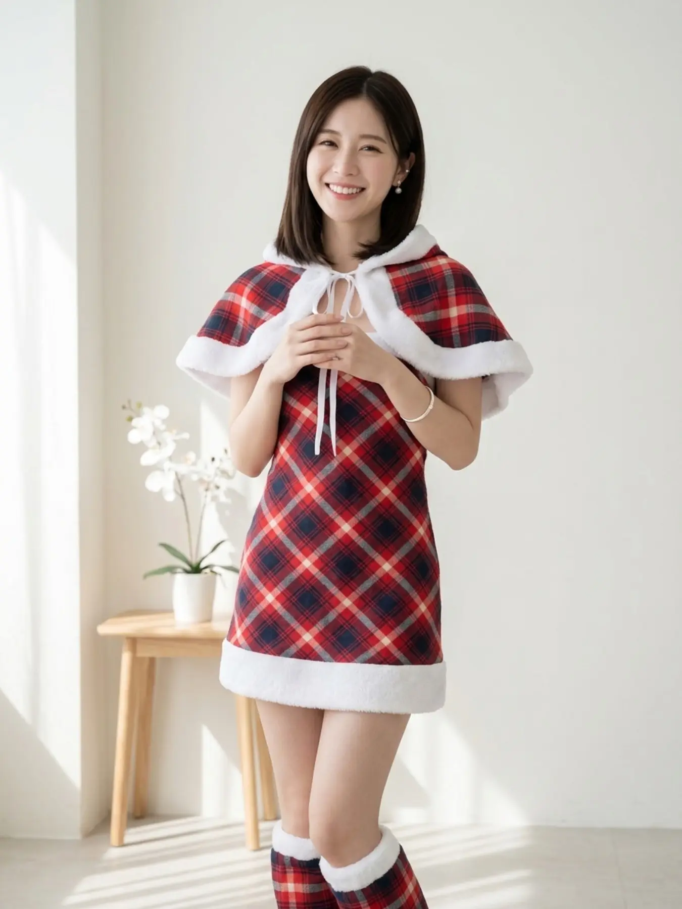 Christmas Dress Plaid Cape Costume, Cute Princess Christmas, Sexy Long Dress Cosplay, All Seasons Loose-Fitting Top