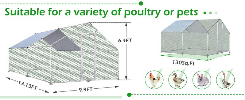 Large Metal Chicken Coop with Run, 20x10x6.4 ft Walk-in Chicken Runs for Yard with Cover,Spire Roof Hen House with Security Lock for Outdoor,Fram