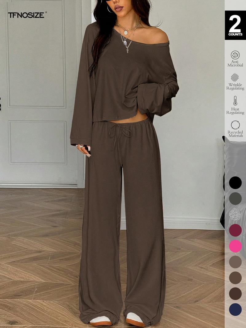2 Piece Set Women Sleepwear Loungewear, Elegant Simple Solid Color Loose Long Sleeve Thermal Top And Pants pajamas Set, Pjs For Autumn/Winter，All Season Fashion
