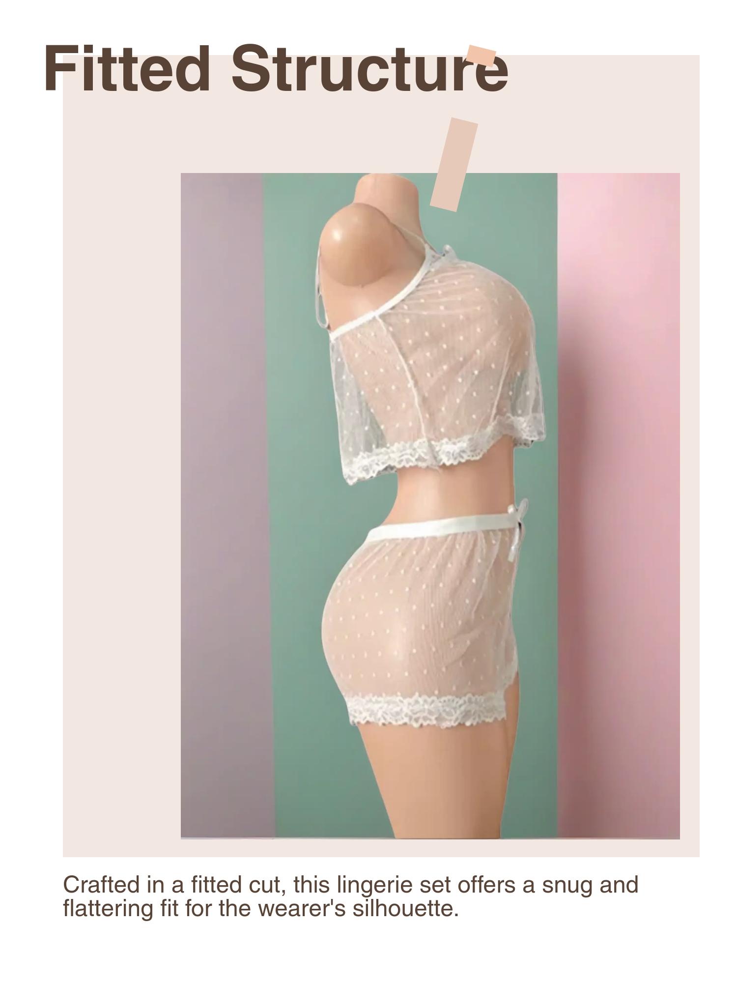 Women's Sexy Lingerie Set, Polka Dot Mesh Sleepwear, Inner Layer, Fitted Design, All Seasons Wear, Plain Pattern