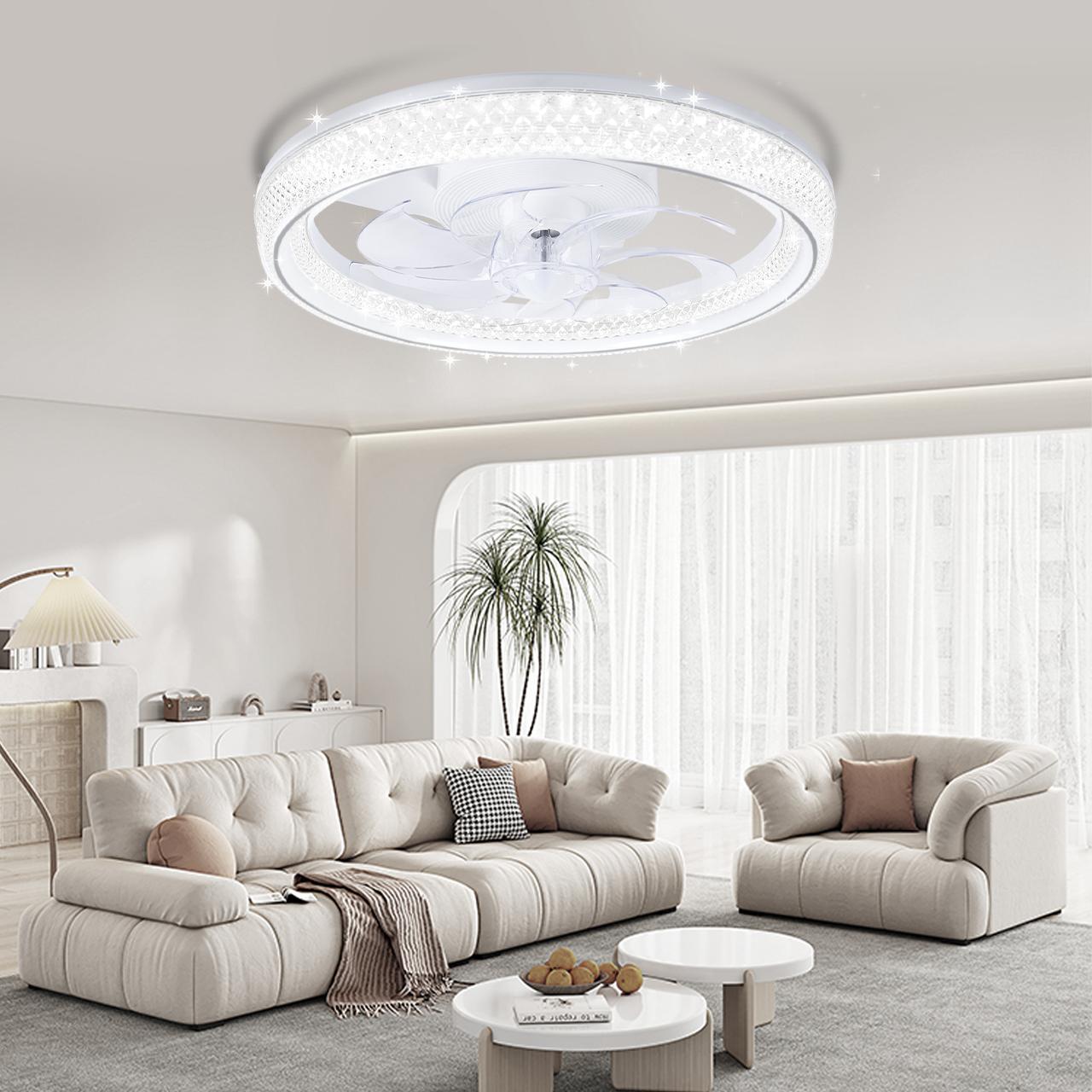 GLITGATE Diamantes Smart Ceiling Fan with Light 20" White Crystal 6-Speed Reversible DC Motor APP Remote Control Timer Dimming 3 Color Temperatures for Bedroom Living Room