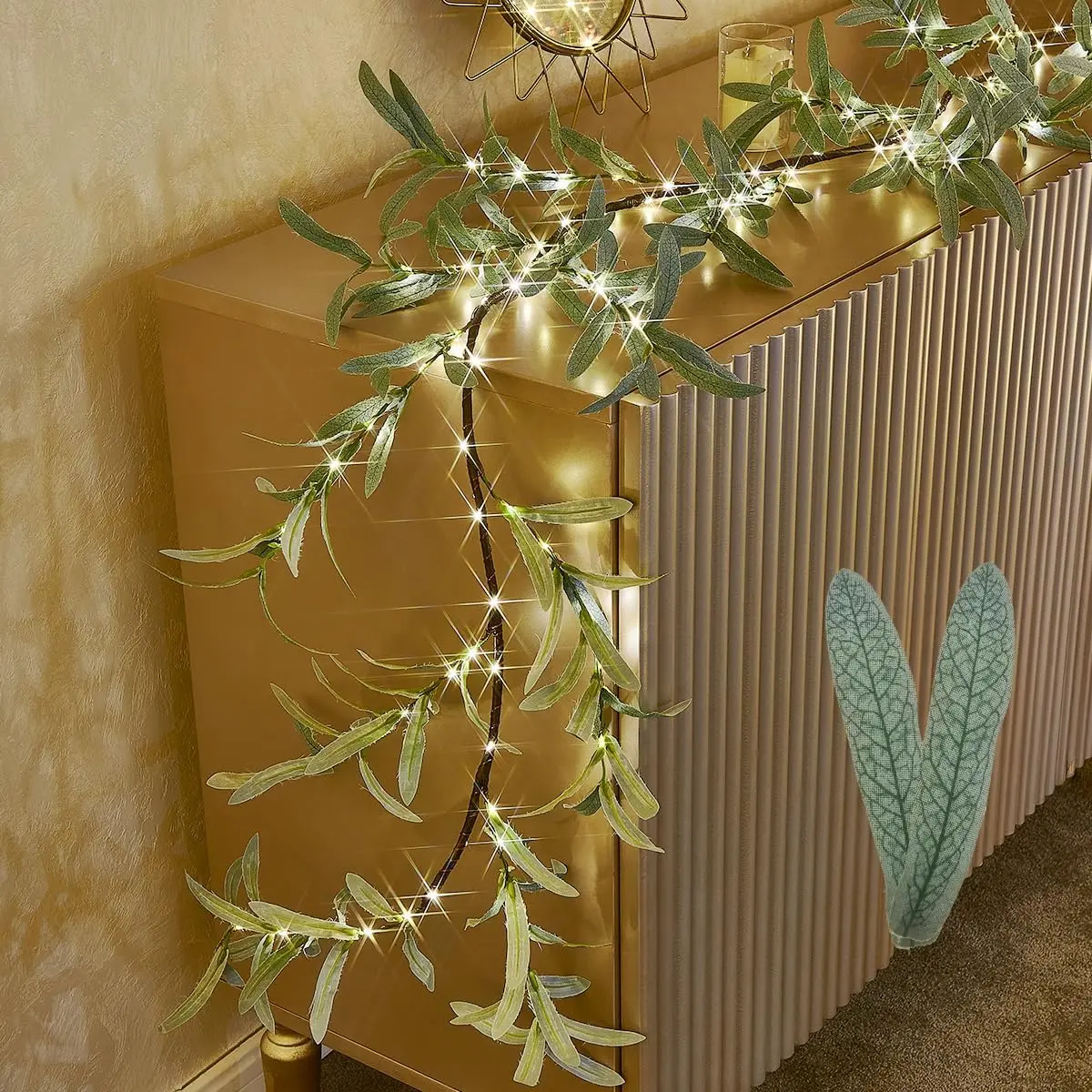 Lighted Olive Garland  Operated with Timer 6FT 96 LED Fairy Lights, Faux Vine with Lights for Mantel Fireplace Wall Patio Wedding and Holiday Decor