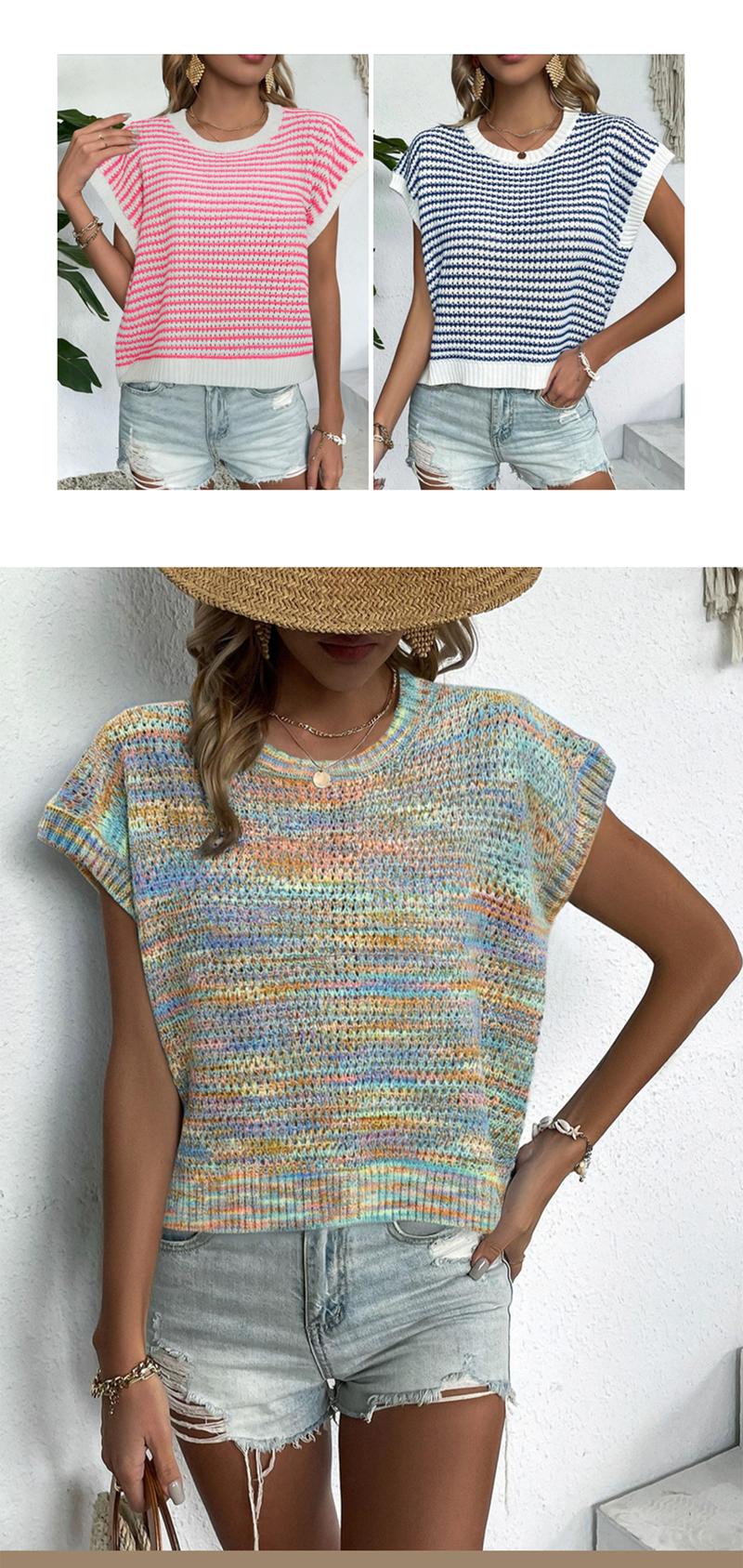 Women's Striped Knitted Vest Top, Round Neck Cap Sleeve Casual Loose Fit, Elegant Summer Fashion, Versatile Women's Knitwear