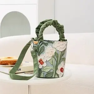 3D Floral Embroidery Convertible Bucket Bag, Cottagecore Handbag with Detachable Strap, Flower Art Tote Purse