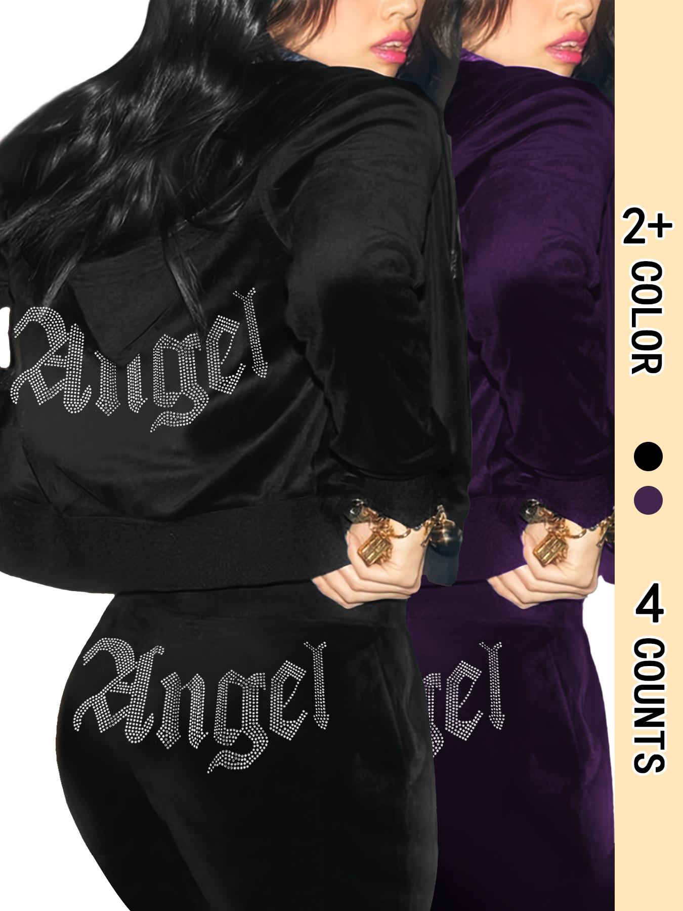 Women's "Angel" Rhinestone Letter Decor Pants Set, Casual Zip Up Hoodie & Elastic Waist Pants Set for Spring & Fall, Women's Clothes