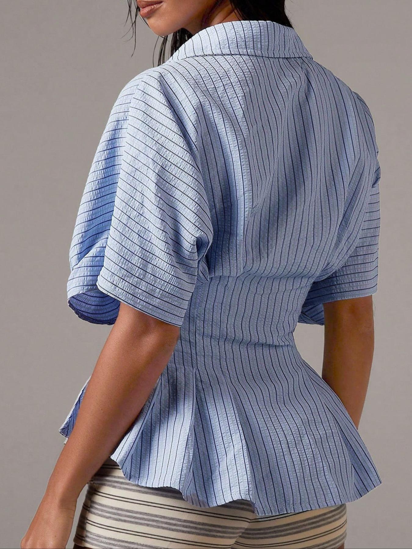 Women's Striped Aesthetic Shirt Blouse, Casual Short Batwing Sleeve Collar Top for Daily Wear, Ladies Clothes for Work Office Business Womenswear