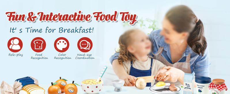 Play Food Sets for Kitchen, Wooden Toys for Gifts, Pretend Play, Wooden breakfast toys，Cutting food toys，Toy food educational gifts，Accessories with breakfast