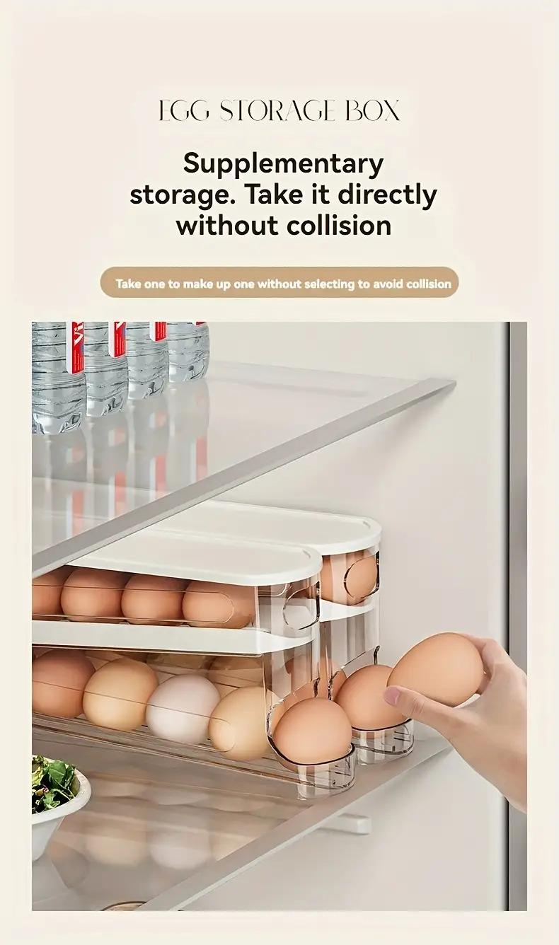 A stackable, adjustable rolling egg rack for refrigerator doors, Stackable Fridge Organizer, Refrigerator Storage, made of durable plastic, can hold 18 eggs, no battery required, suitable for kitchen organization accessories.