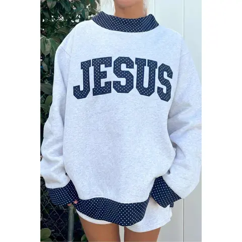 BF Women's Christian Sweatshirt, 50% Cotton Blend JESUS Graphic Tunic Top with Polka Dot High Neck, Relaxed Fit Fall Outfit