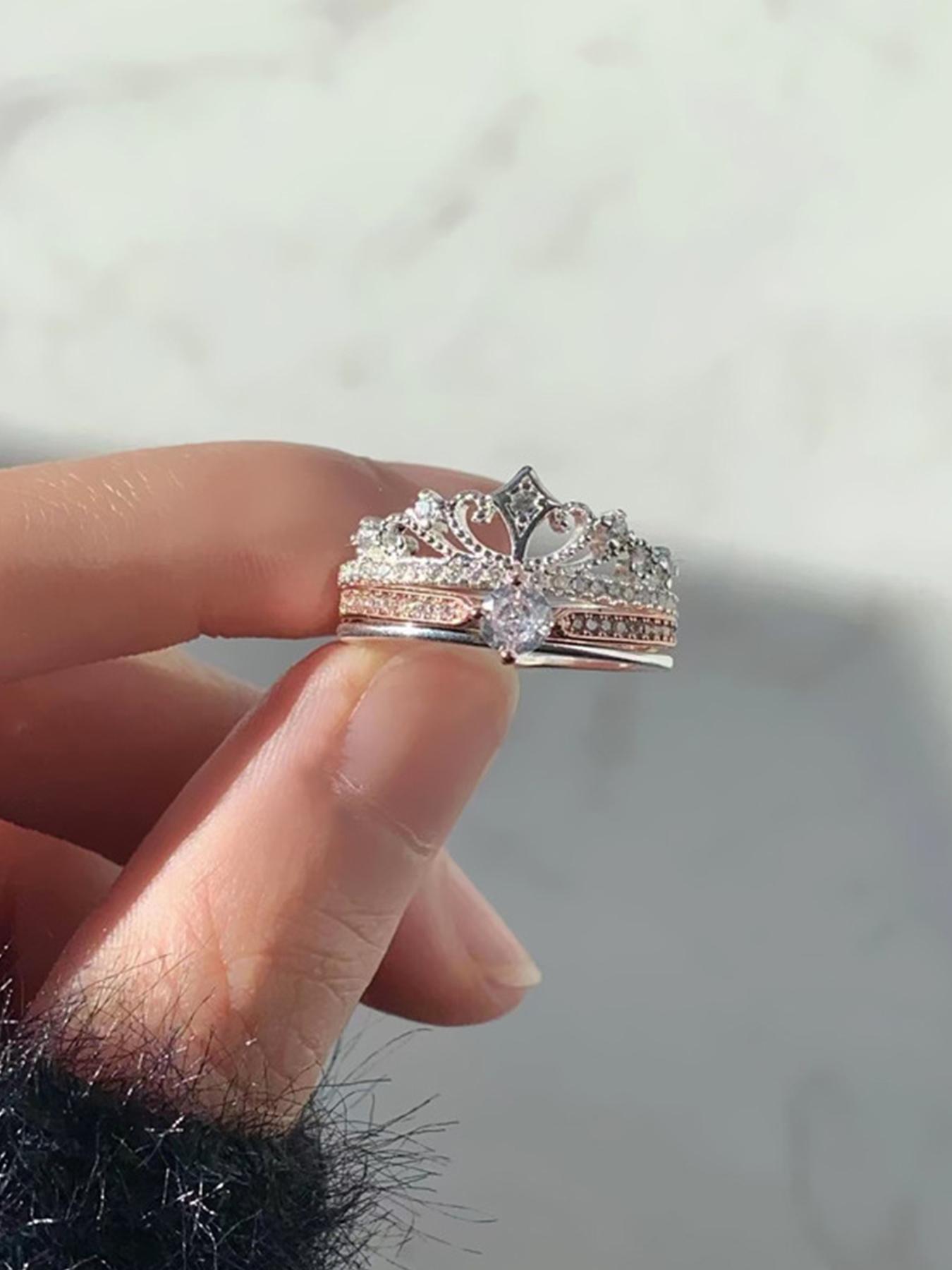 Fireworks Castle Ring, Princess Sparkling Diamond Crown Ring, Stackable Double-Layer Two-in-One Adjustable Rose Gold Ring, Engagement/Wedding Ring, Exquisite Jewelry Gift, Exquisite Trendy Ring