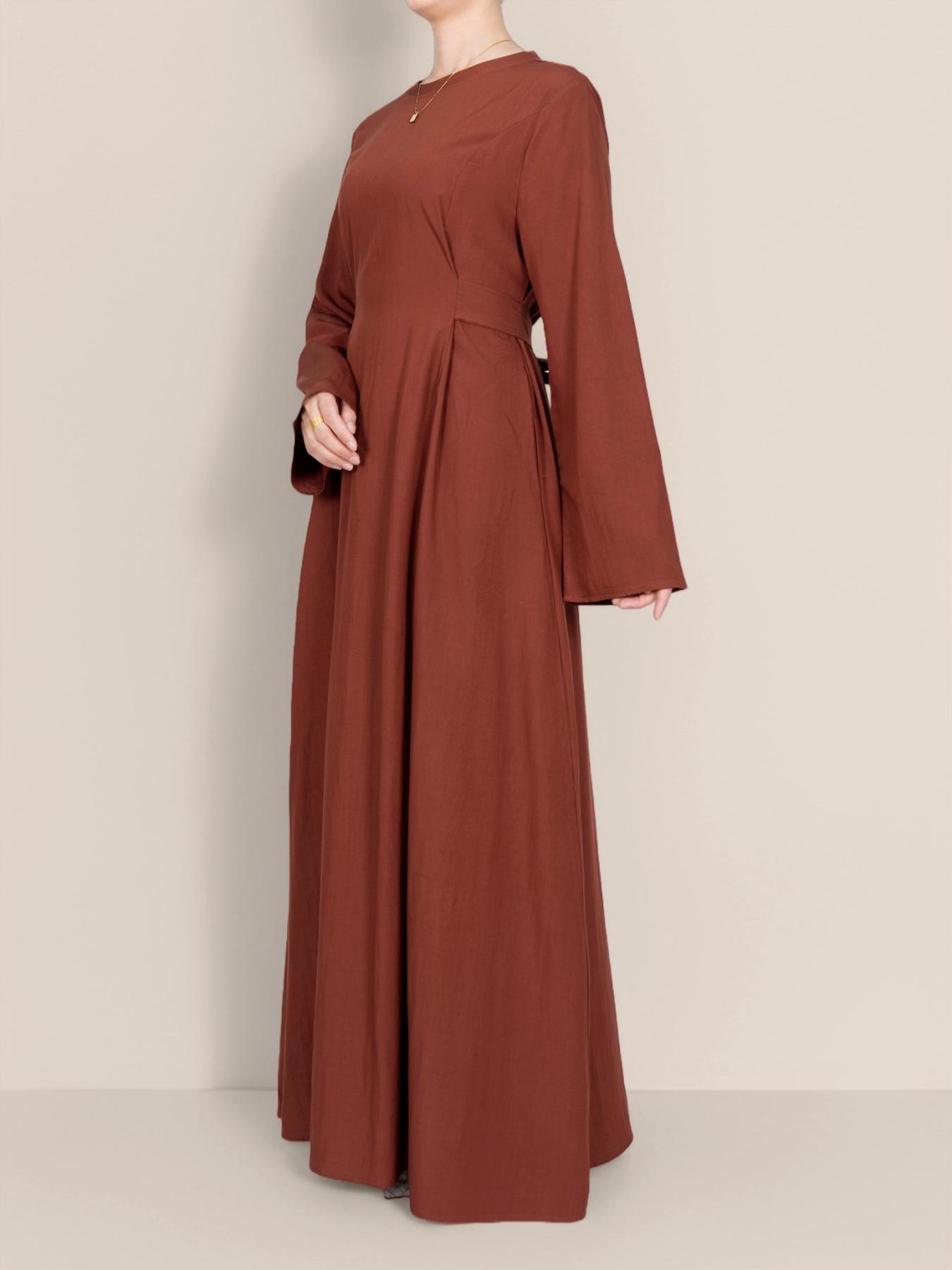 Elegant Long Sleeve Round Neck Back Zipper Waist Belt Pocket Modest Style Dress, Stylish Women's Casual Wear, Perfect for Daily Elegant Long Sleeve Round Neck Back Zipper Waist Belt Pocket Modest Style Dress, Stylish Women's Casual Wear, Perfect for Daily