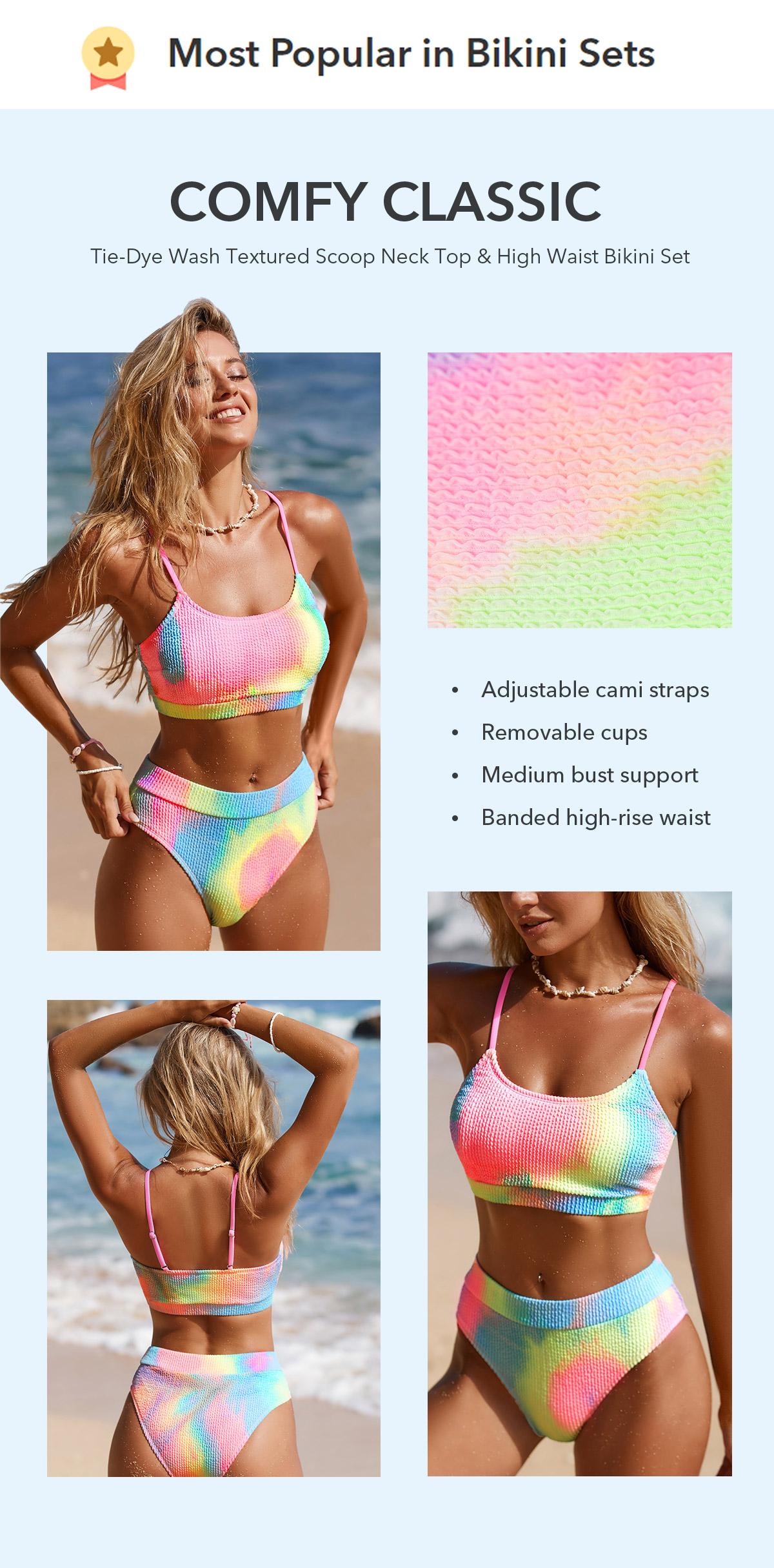 CUPSHE Women's Bikini Set Two Piece Swimsuits Stylish Beachwear High Waisted Scoop Neck Spaghetti Adjustable Straps Textured Swimwear(XS-XXL) Bathing Suits