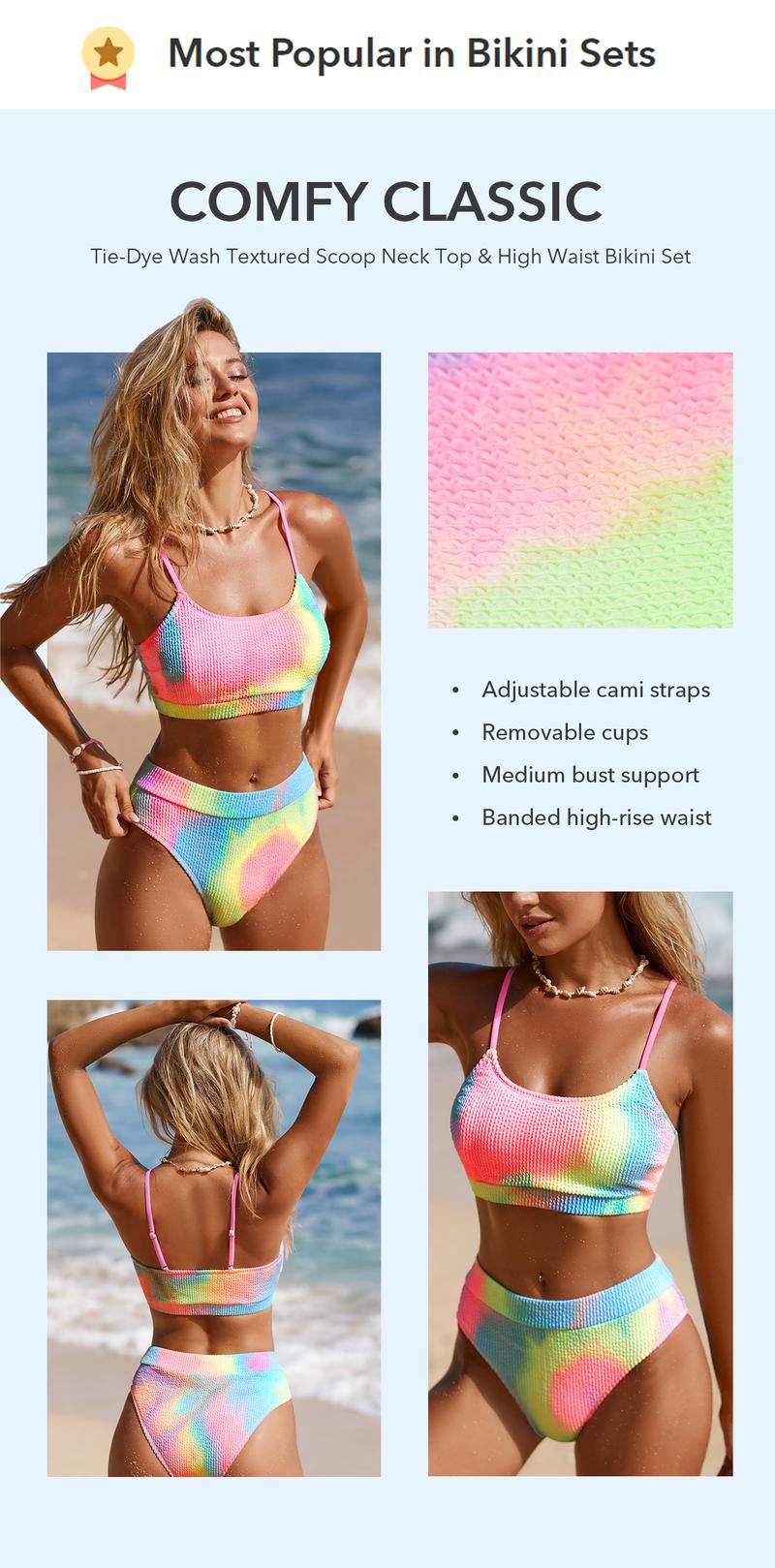 CUPSHE 【Valentine's Day】 Women's Bikini Set Two Piece Swimsuits Stylish Beachwear High Waisted Scoop Neck Spaghetti Adjustable Straps Textured Swimwear(XS-XXL) Bathing Suits