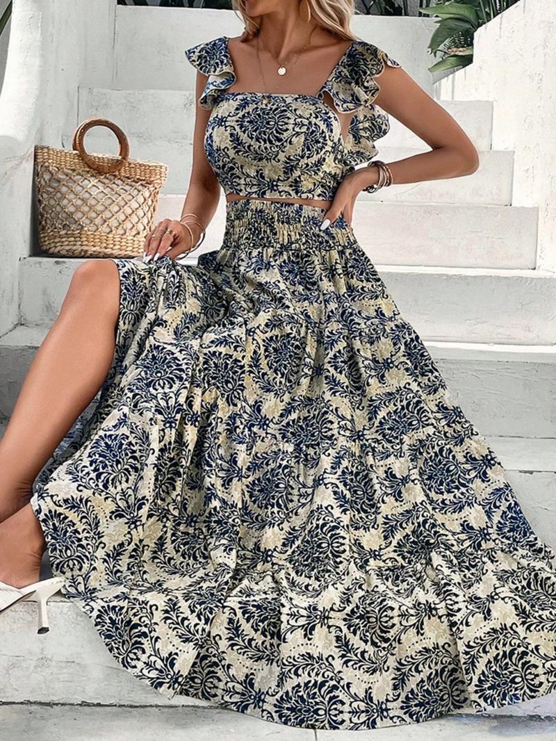 Women's All Over Print Fitted Crop Tank Top & Skirt Two-piece Set, Elegant Fashion Casual Top & Skirt for Daily Outdoor Wear, Ladies Outfits for Summer