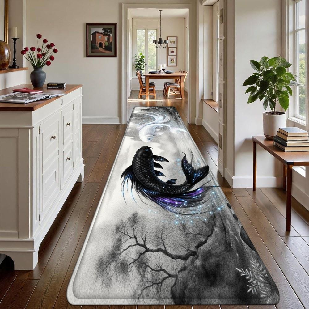 1PC， Black and White Double Fish in Ink - Wash Style Patterned strip rugs, home décor, bathroom mats, entryway mats, bathroom non-slip mats, indoor entrance rugs, bedroom bedside mats, kitchen mats, hallway rugs, flannel sponge rugs, hallway runner rugs