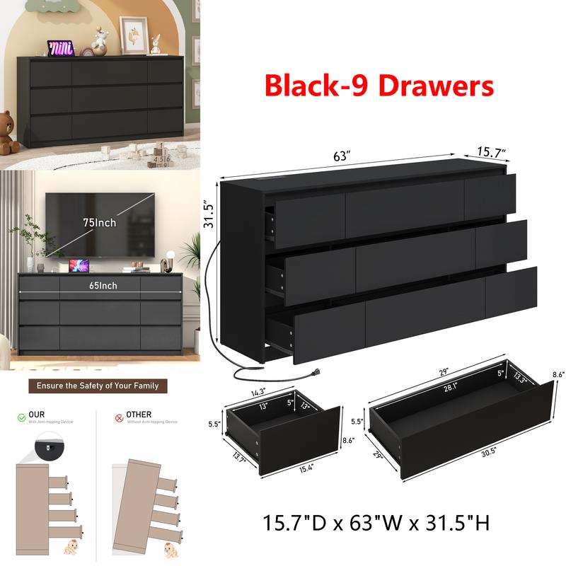 Dresser for Bedroom, Modern Dresser with Drawers, Large Wood Chest of Drawer Handle Free, Long Dresser for Bedroom, Living Room, Entryway, Hallway, White/Black