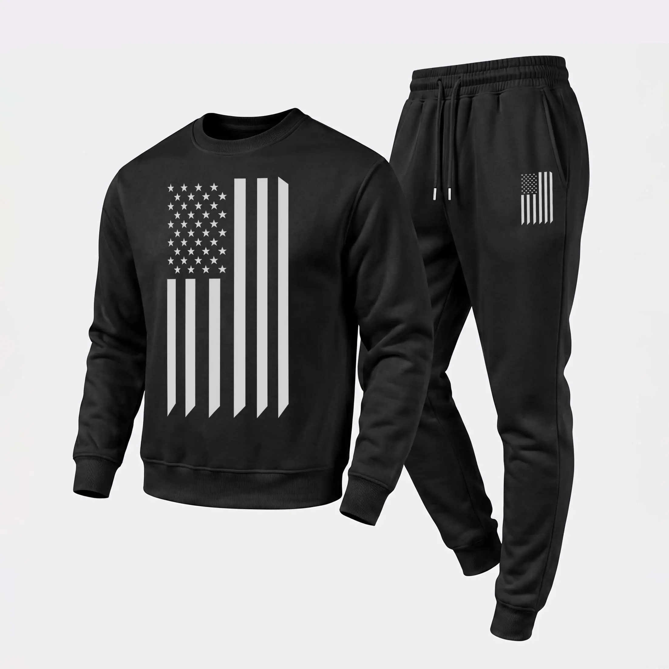 Men's 2-Piece Minimalist Menswear Loose Polyester US Flag Graphic Crewneck Sweatshirt & Jogger Set, Casual Long-Sleeve Pullover with Drawstring Pants, Fall Winter Tracksuit for Daily Wear, Workout, Day