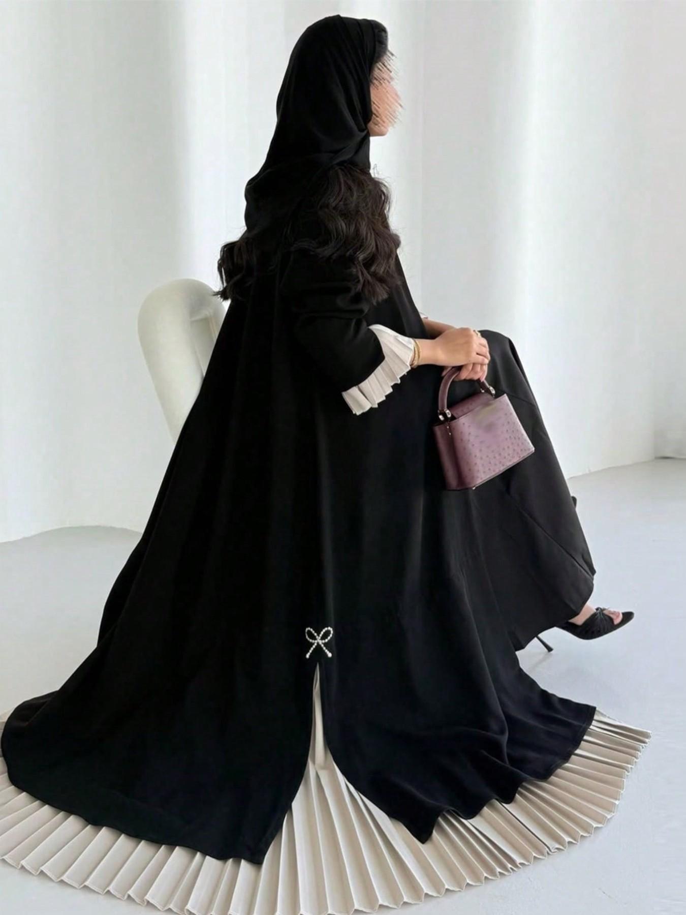 Commute Party Pleated Patchwork Abaya, Pearl Bow Loose Fit Long Outer Robe, Muslim Luxury Women's Clothing, All Seasons