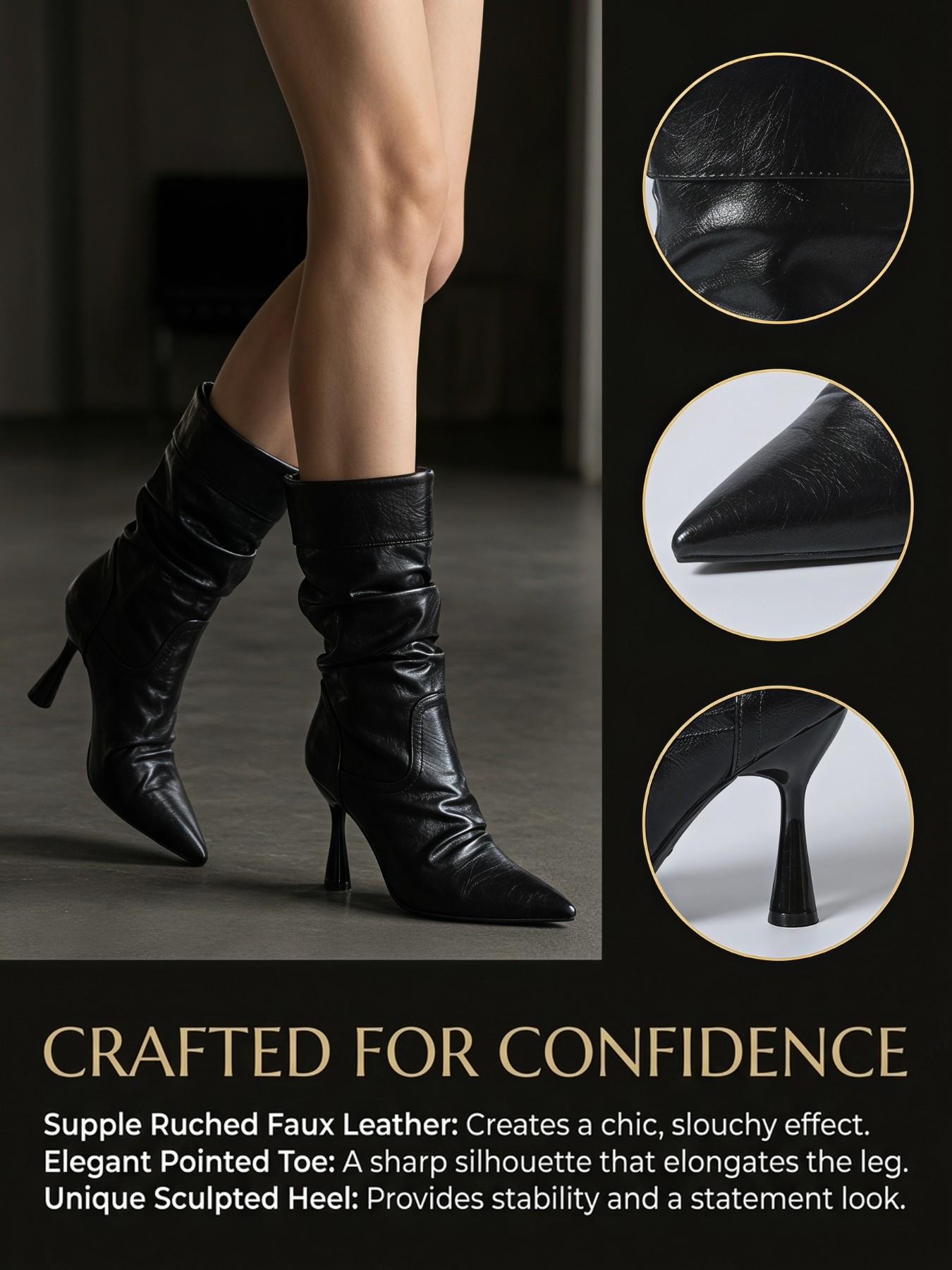 Women's Cream Color Pleated Mid-Calf Boots, Pointed Toe Bottle Heel, Vintage Style, Elegant Party Evening Shoes, Fall Winter Fashion, Pointy Toe Boot