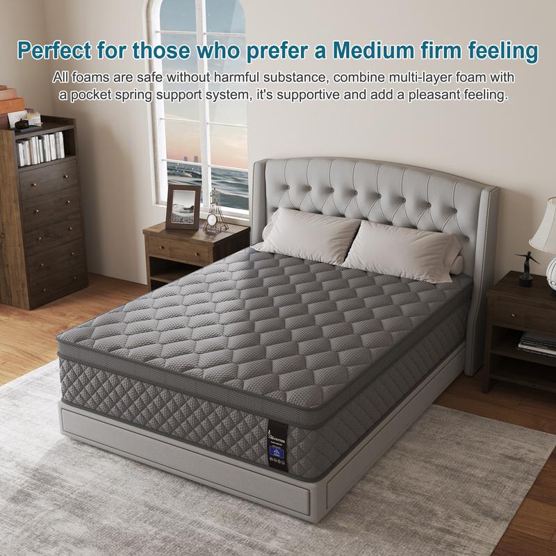 Twin Full Queen King Mattress, 10"12" 14"Hybrid Mattress with Gel Memory Foam and Individually Pocket Innerspring Euro Top Mattresses Medium Firm for Motion Isolation, Edge Support Twin Full Queen King Mattress, 10"12" 14"Hybrid Mattress with Gel Memory Foam and Individually Pocket Innerspring Euro Top Mattresses Medium Firm for Motion Isolation, Edge Support