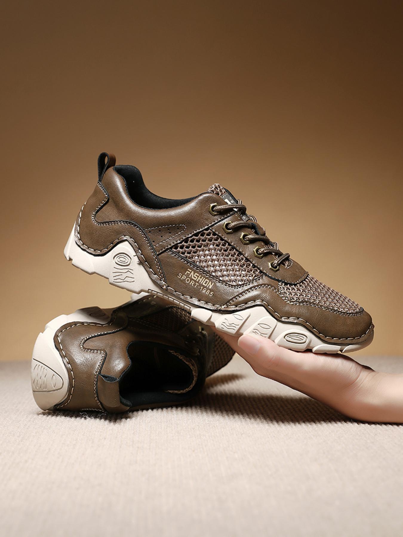 Men's Solid Color Mesh Patchwork Casual Sneakers, Hand-Stitched Thick-Soled Non-Slip Hiking Shoes, Trendy Versatile Breathable Dad Shoes