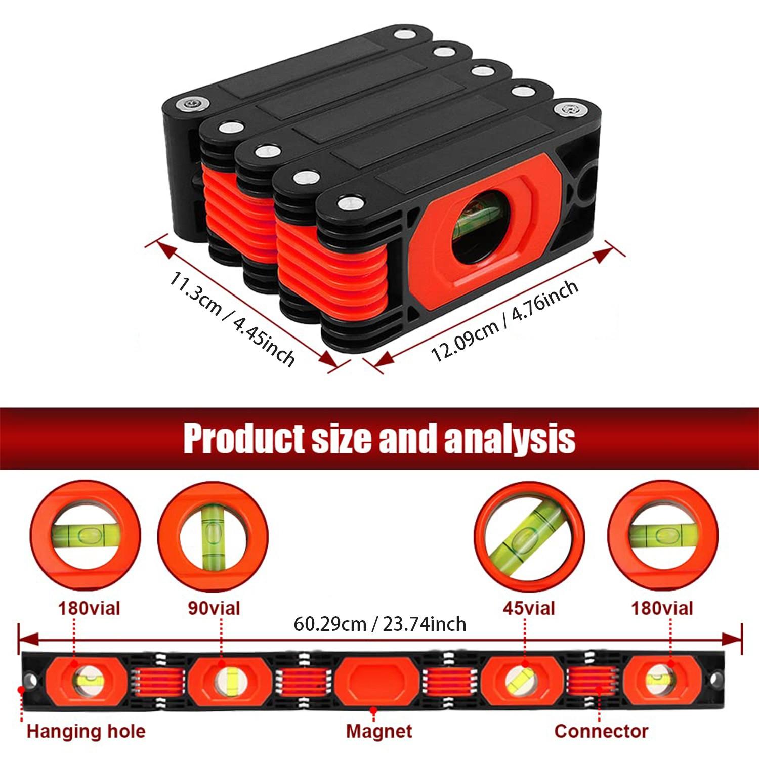 5 Section Folding Multi-Angle Measurement Pocket Portable Plastic Hardware Level Ruler with 45 90 180 Degree Bubbles, Ideal Woodworking tool for Carpenters, Home, 23.74 Inch