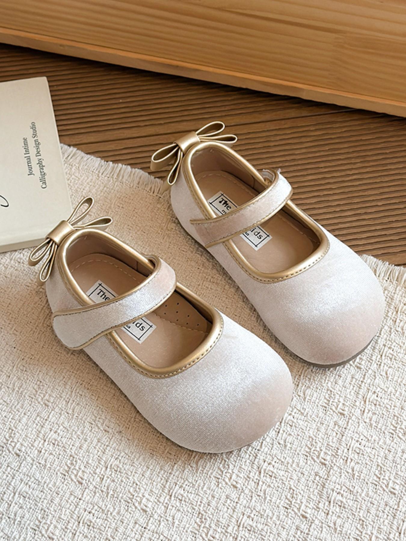 Girls' Velvet Gold Trim Mary Jane Shoes, Soft Sole Anti-Slip Round Toe Flat, Elegant Princess Shoes for Performances/proms