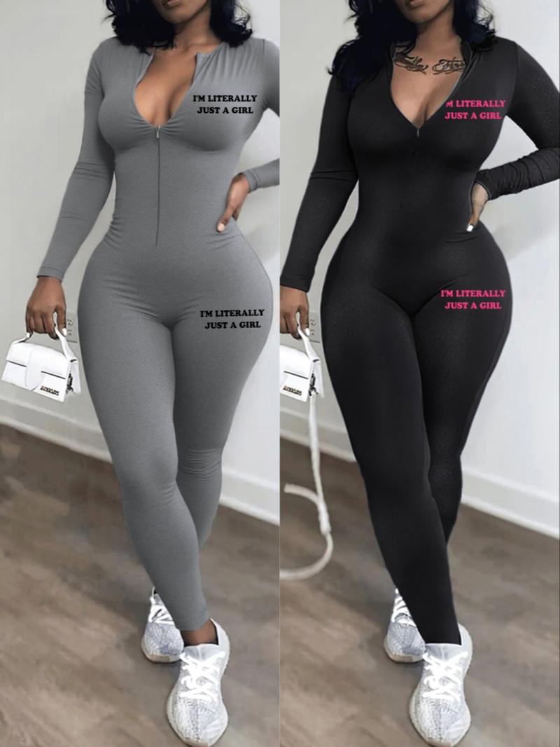 Women's Plain Tight-Fit Zipper Jumpsuit, Long Sleeve Casual Romper, Spring & Fall Fashion, Comfortable One-Piece