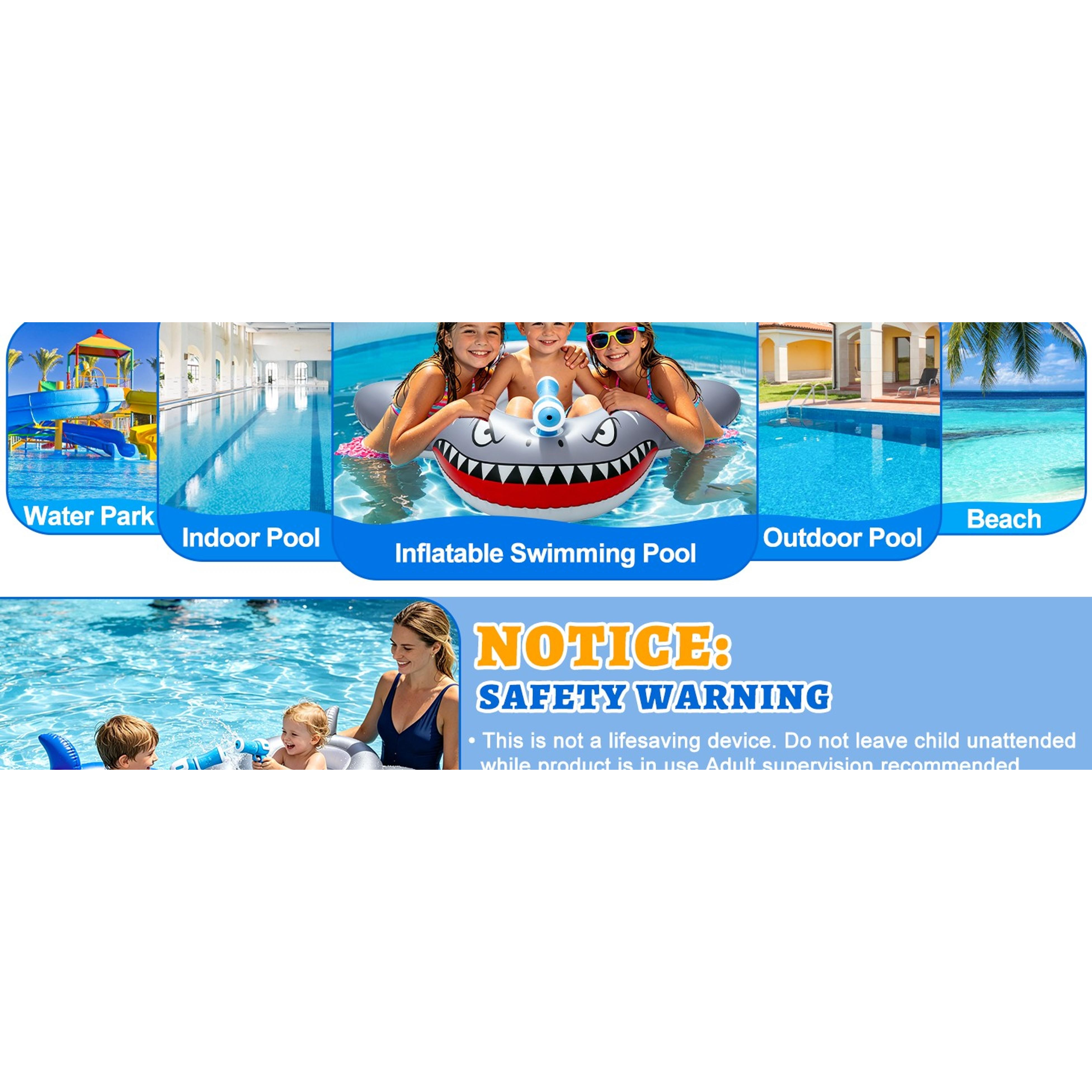 2 Pack Inflatable Shark Pool Floats for Kids 3-11 - Toddler Floatie with Safety Seat, 2 Water Squirt Guns, Ride-On Toy, Summer Outdoor Water Game